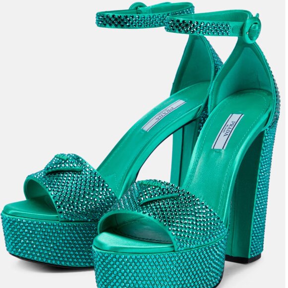Prada Green Embellished Platform Heels Logo Satin Open Toe Sandals - Picture 1 of 5